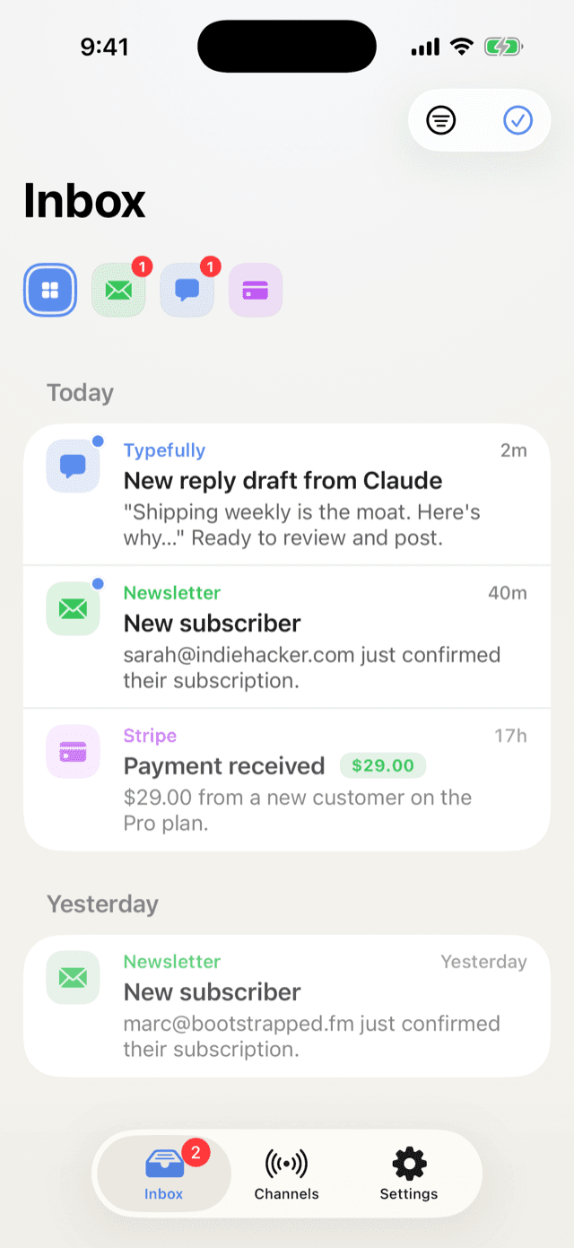 The Blip inbox on iPhone, notifications grouped by channel