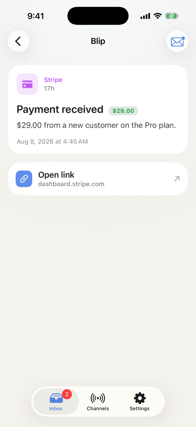The 'Payment received' notification open in the Blip iOS app